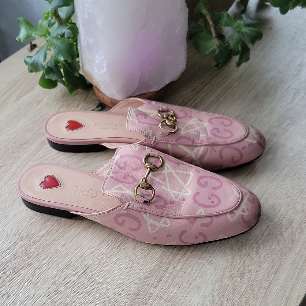 Gucci Pink Printed Ghost Princetown Horsebit Loafer Slides - Picture 1 of 9